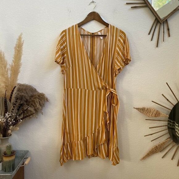 Xhilaration Striped Wrap Short Sleeve Ruffle Mini Dress -Mustard & White Size L - Picture 1 of 8